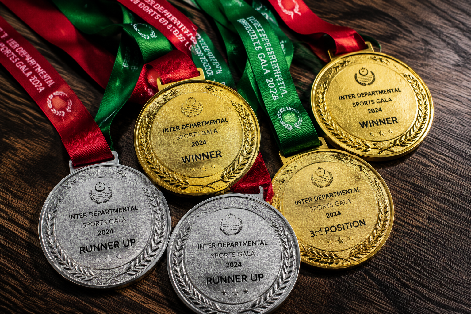 Engraved sports medals with ribbons